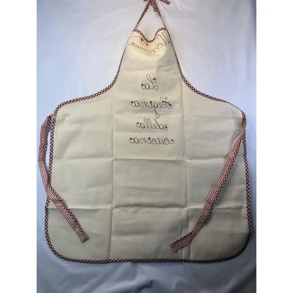 Nonna Embroidered Bib Apron Beige/Maroon Gingham Trim Pocket Cotton One Size